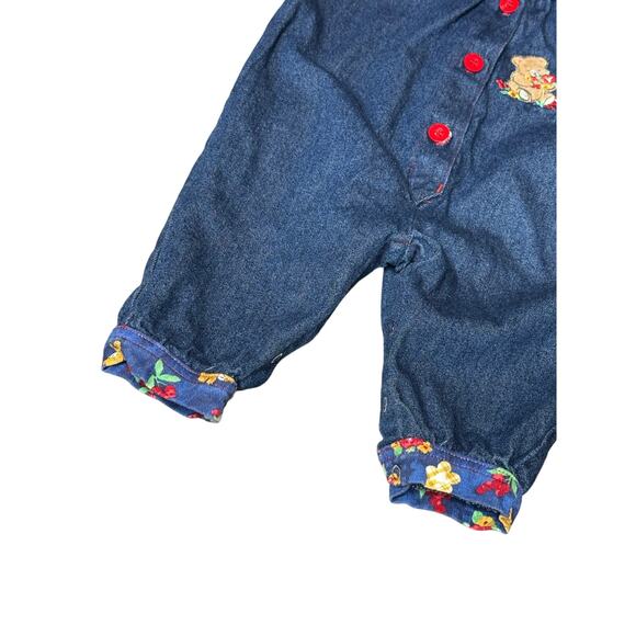 VTG Little Me Denim Romper 12M Floral Collar Teddy Bear 90s Baby Girl Outfit - Picture 4 of 6